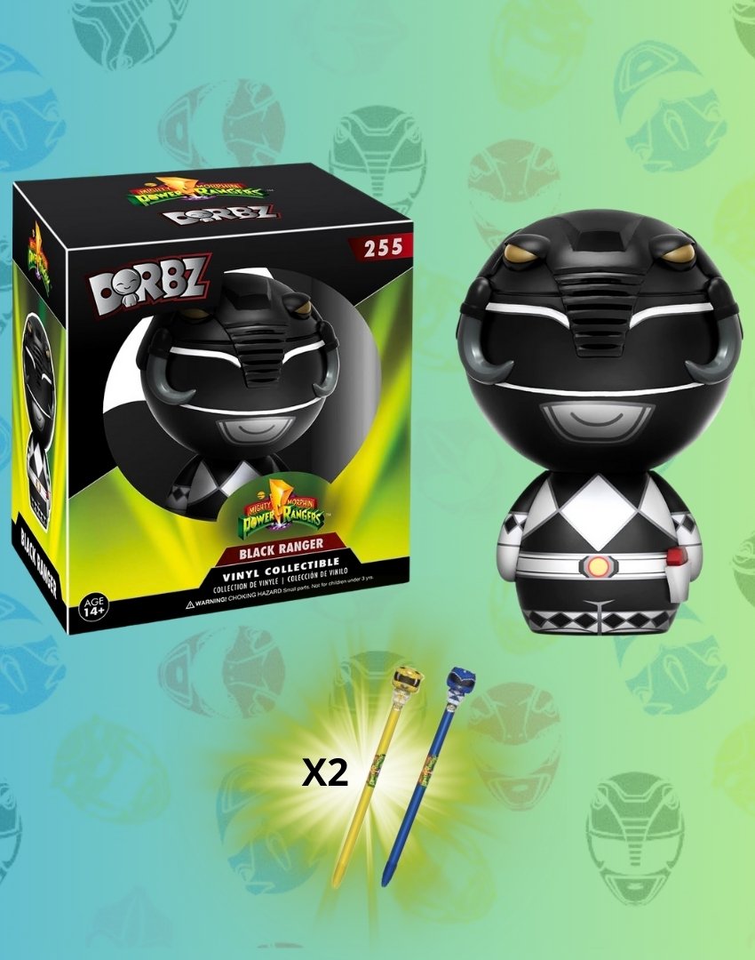 Figura Funko DORBZ Black Ranger Mighty Morphin Power Rangers + Pen Topper Blue Ranger + Pen Topper Yellow Ranger #255 Combo
